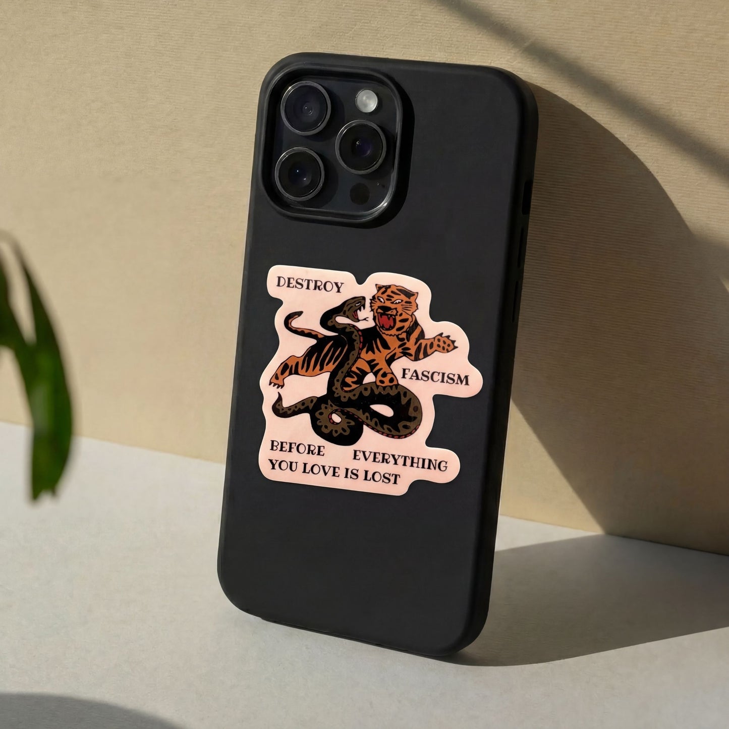 Destroy Fascism Tiger Sticker | Bold Protest Vinyl Decal | Activist Animal Art Sticker