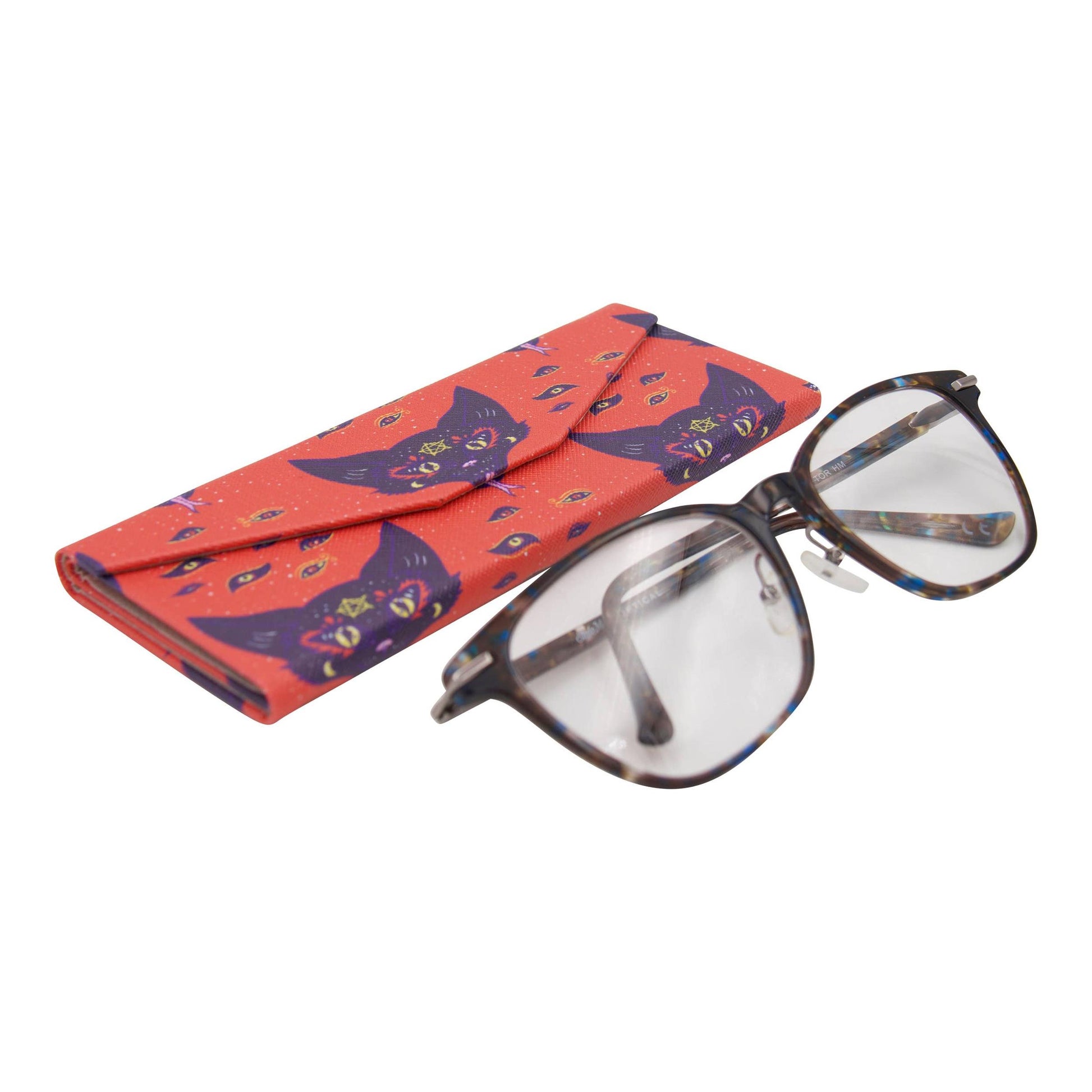 Eyeglasses with a red case featuring cat designs