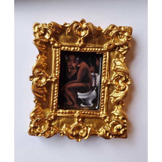 Devil On The Toilet Mini Art + Magnet in Ornate Gold Frame | Funny Spooky Framed Decor