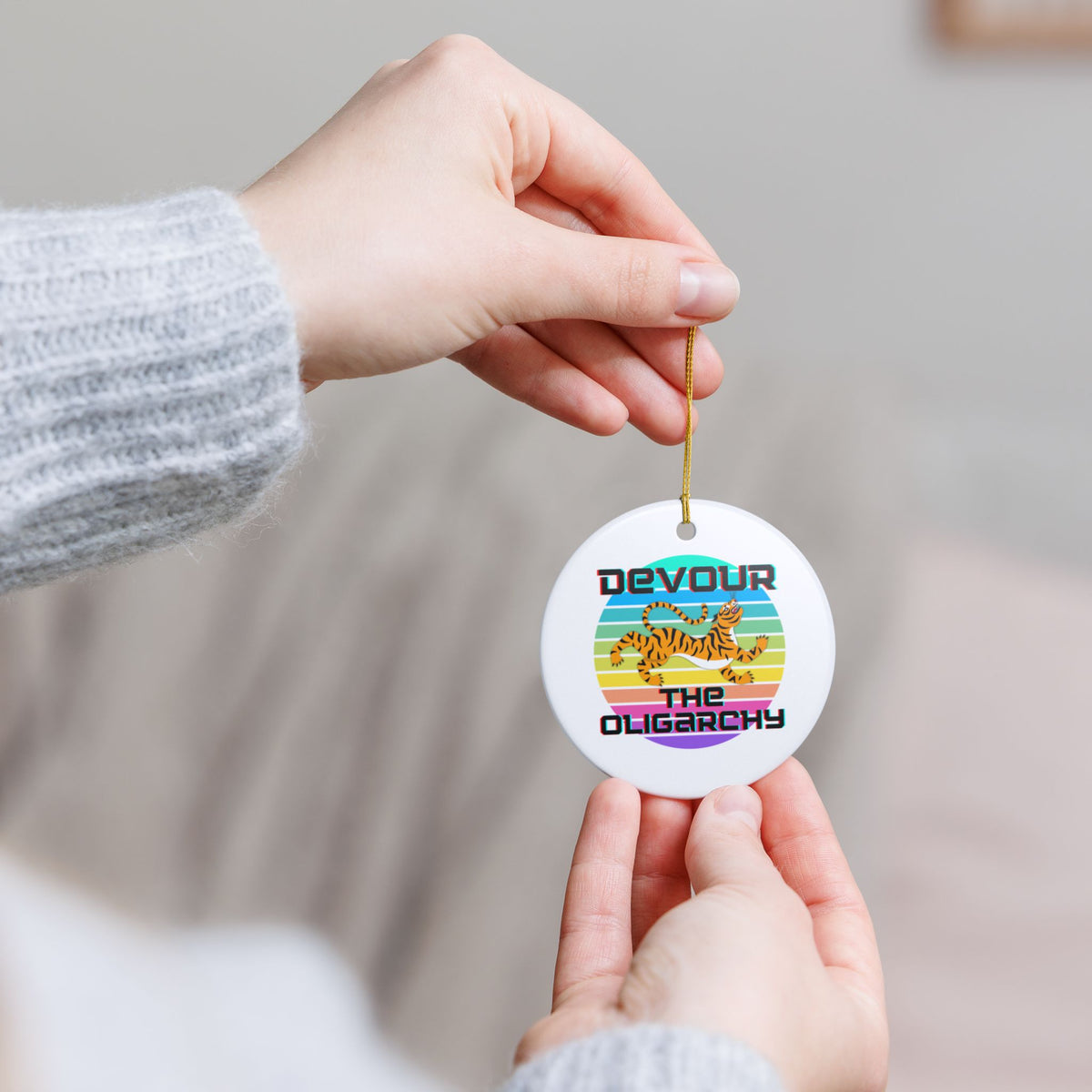Devour the Oligarchy Ceramic Ornament | Funny Political Tiger Christmas Decor Gift