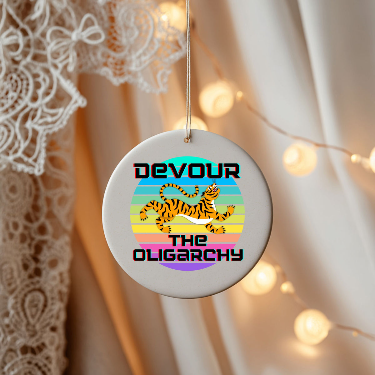 Devour the Oligarchy Ceramic Ornament | Funny Political Tiger Christmas Decor Gift