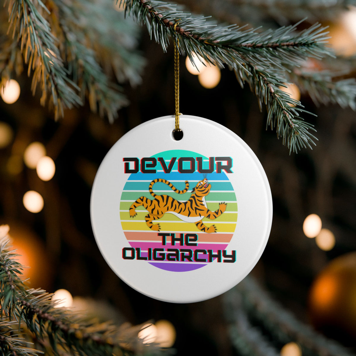 Devour the Oligarchy Ceramic Ornament | Funny Political Tiger Christmas Decor Gift