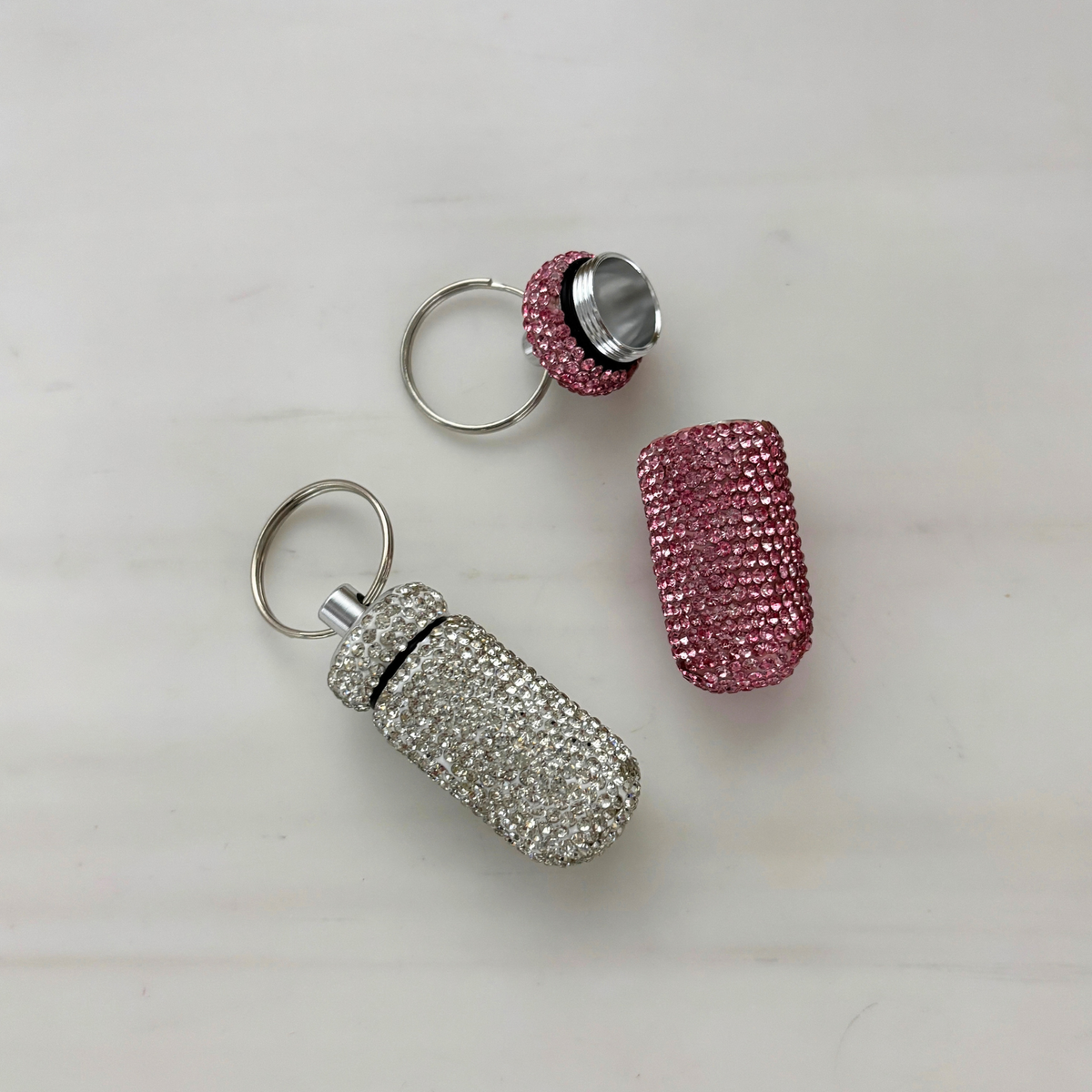 Diamond Doll Keychain Pill Case | Gem Encrusted Pill Bottle | Pink or Silver | 2.75"