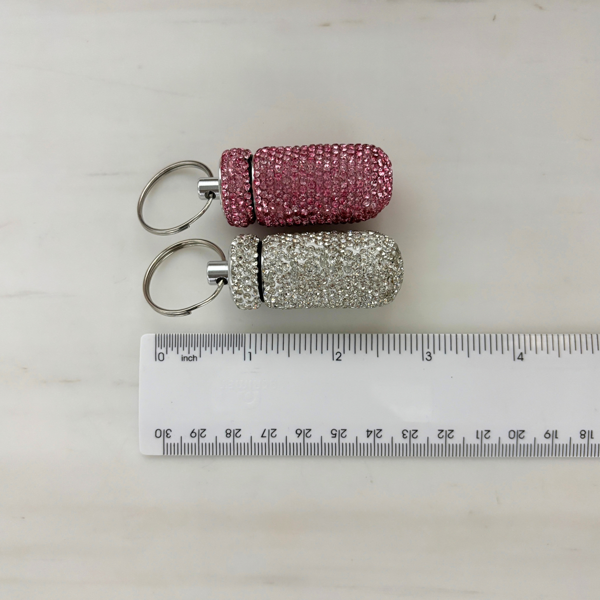Diamond Doll Keychain Pill Case | Gem Encrusted Pill Bottle | Pink or Silver | 2.75"