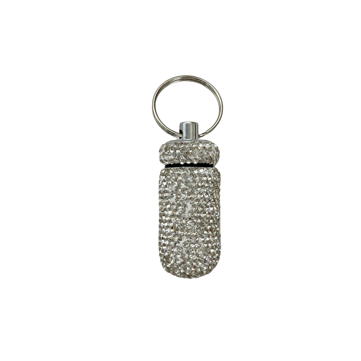 Diamond Doll Keychain Pill Case | Gem Encrusted Pill Bottle | Pink or Silver | 2.75"