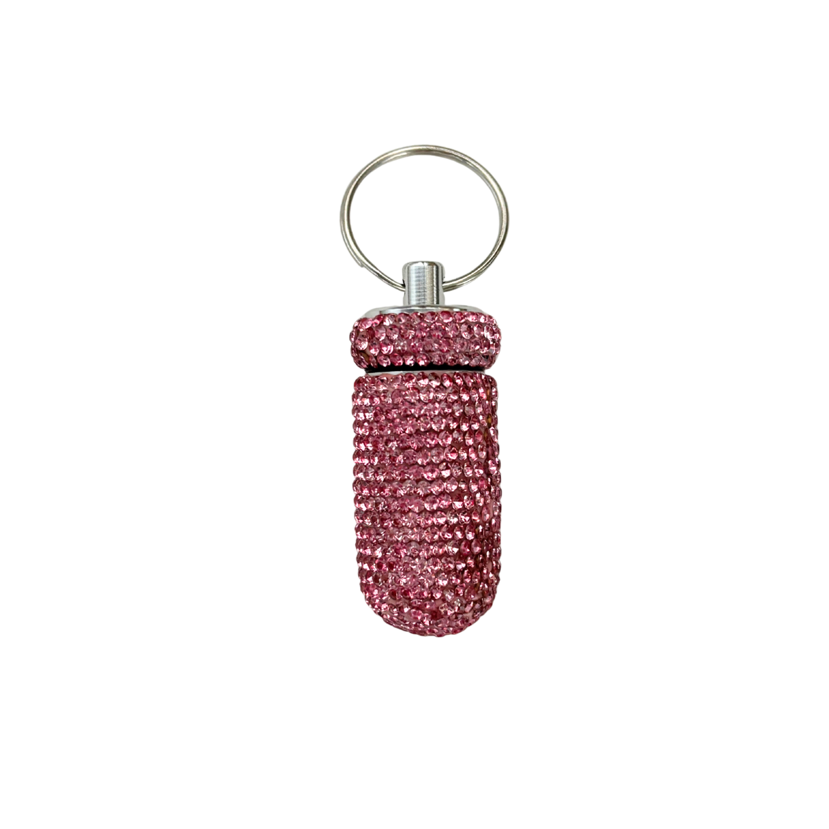 Diamond Doll Keychain Pill Case | Gem Encrusted Pill Bottle | Pink or Silver | 2.75"
