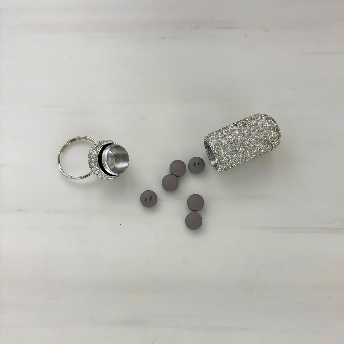 Diamond Doll Keychain Pill Case | Gem Encrusted Pill Bottle | Pink or Silver | 2.75"