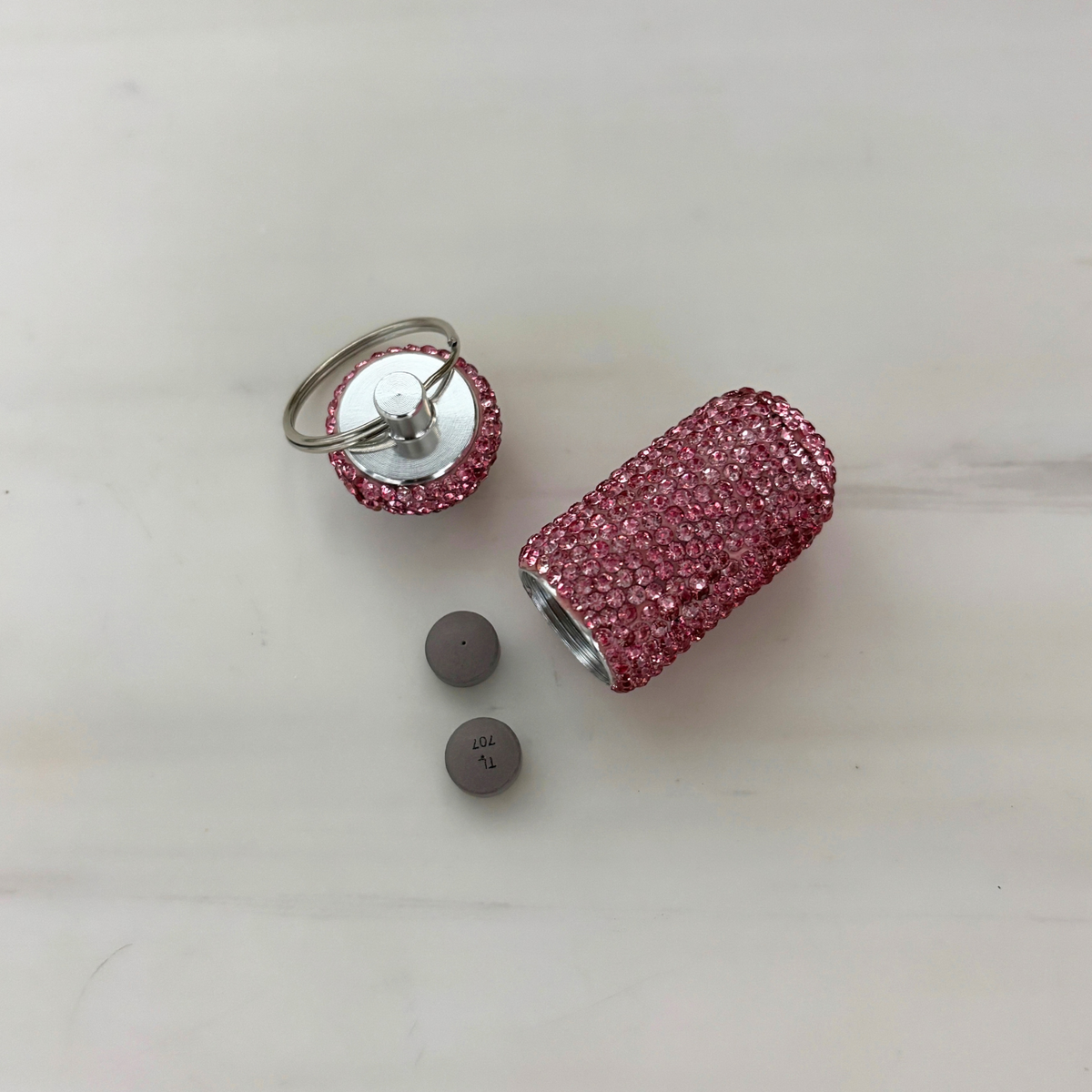 Diamond Doll Keychain Pill Case | Gem Encrusted Pill Bottle | Pink or Silver | 2.75"