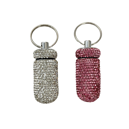 Diamond Doll Keychain Pill Case | Gem Encrusted Pill Bottle | Pink or Silver | 2.75"