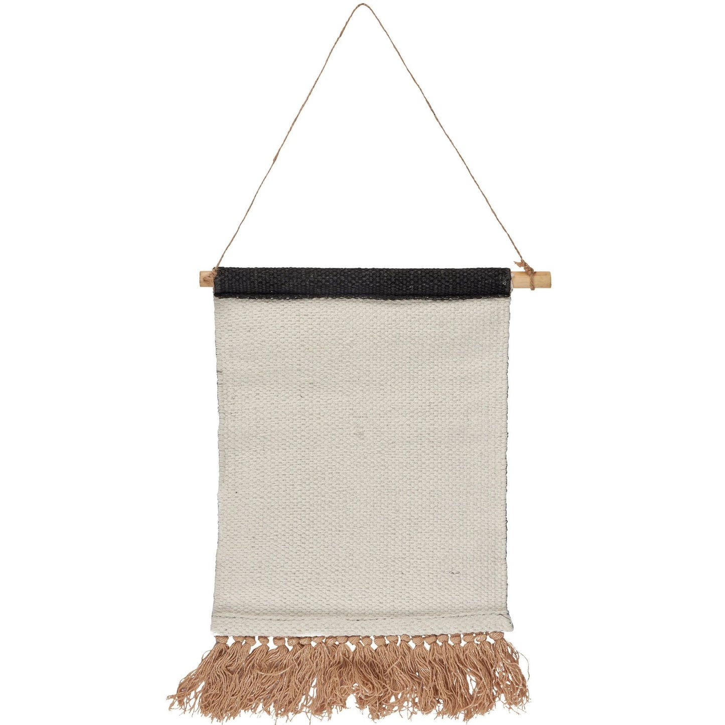 Textile wall hanging with black border and fringes