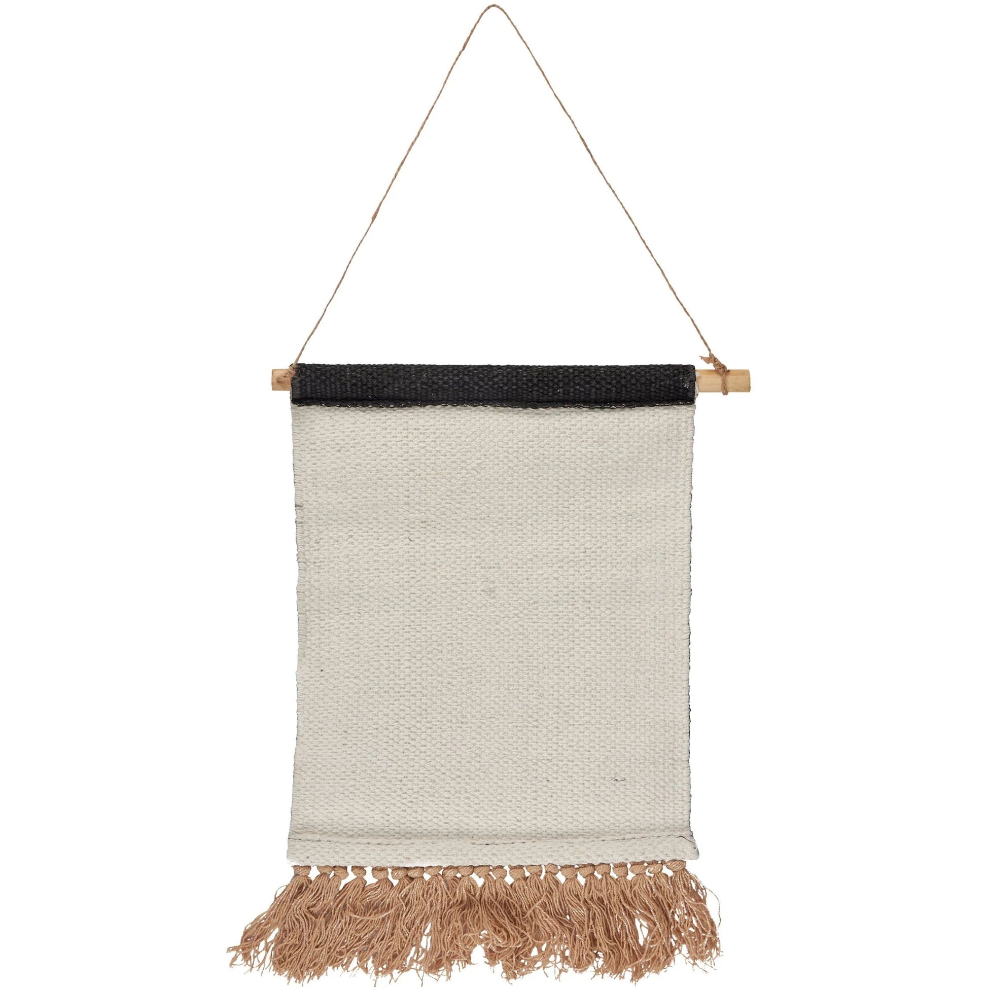 Textile wall hanging with black border and fringes