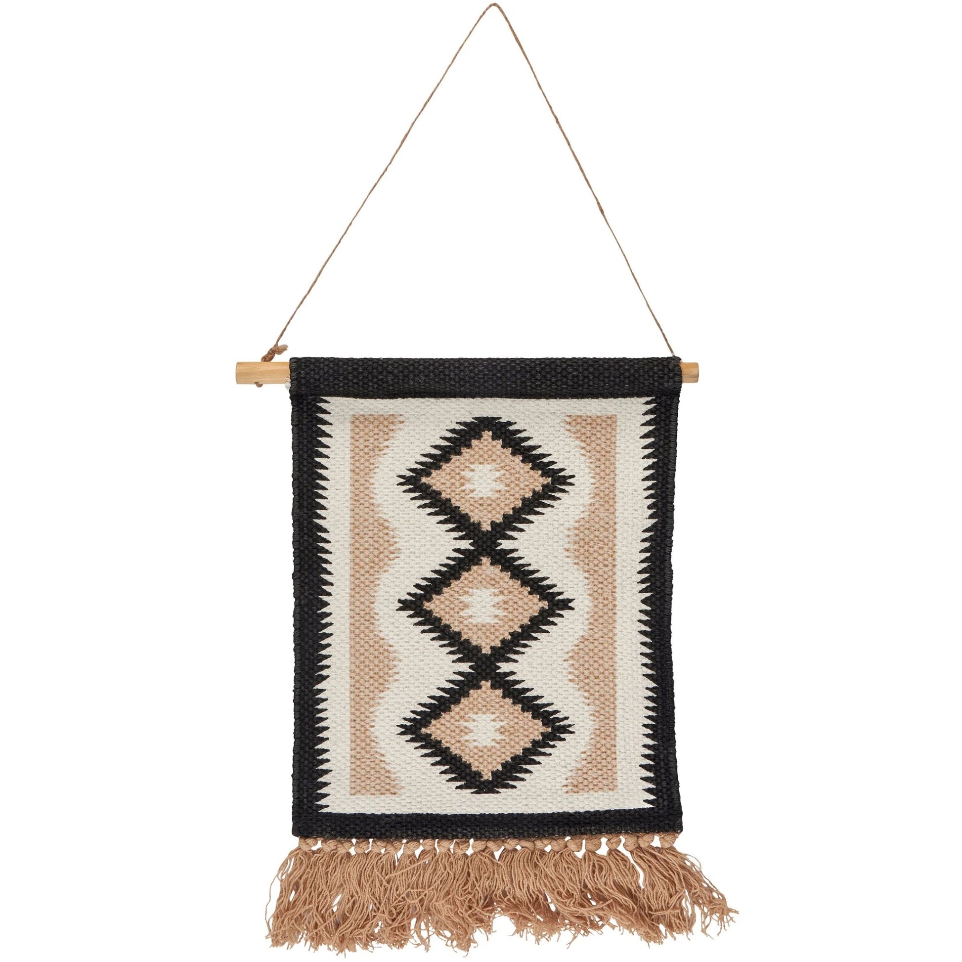 Woven wall hanging with geometric pattern and fringes on a white background