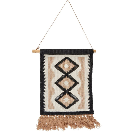 Woven wall hanging with geometric pattern and fringes on a white background