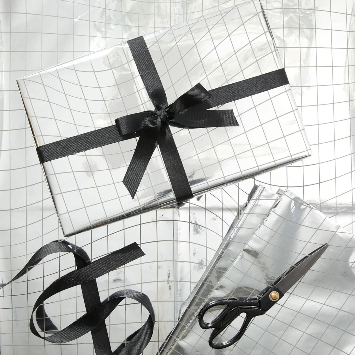 Disco Ball Silver Wrapping Paper Sheets 3-Pack | Grid Cut Gift Wrap | Eco-Friendly Kraft Paper
