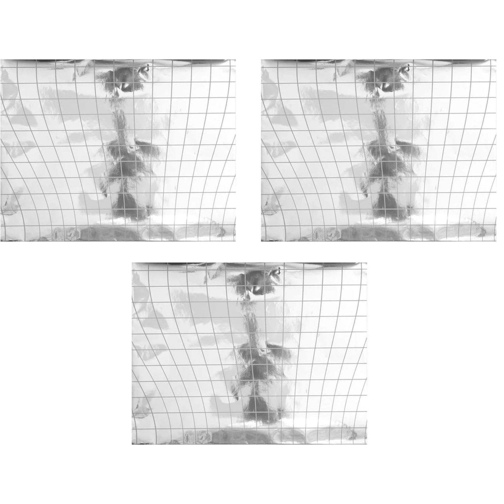 Three views of a grid pattern gift wrapper on a white background
