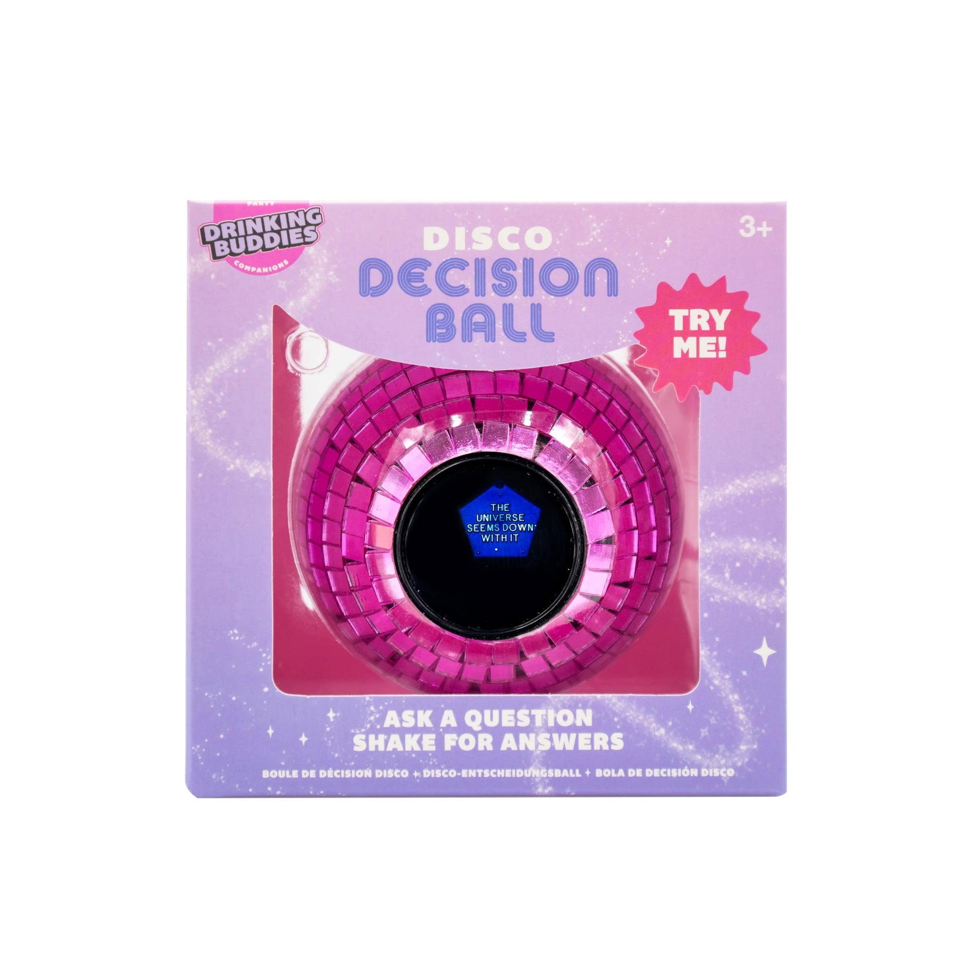 Pink disco decision ball in packaging with text on a white background