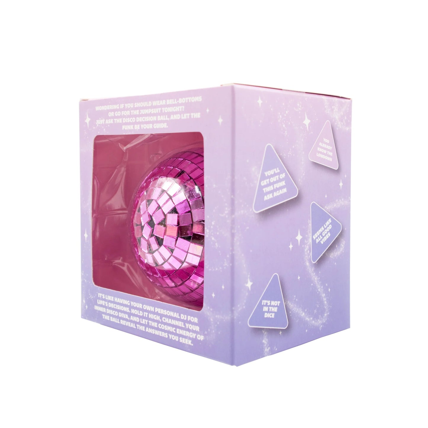 Pink disco ball in a purple packaging box with text