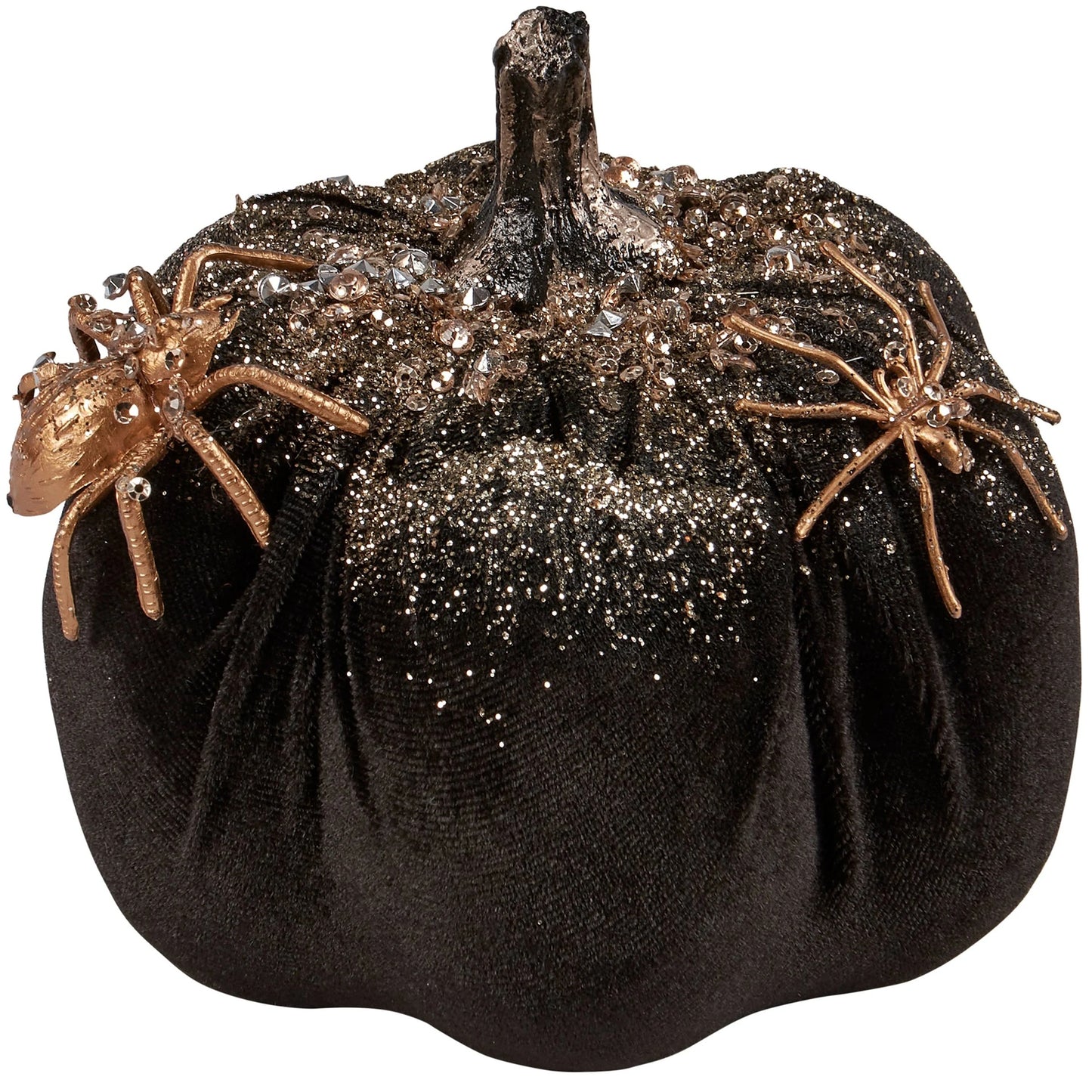 Decorative black pumpkin with gold glitter and spider decorations on a white background