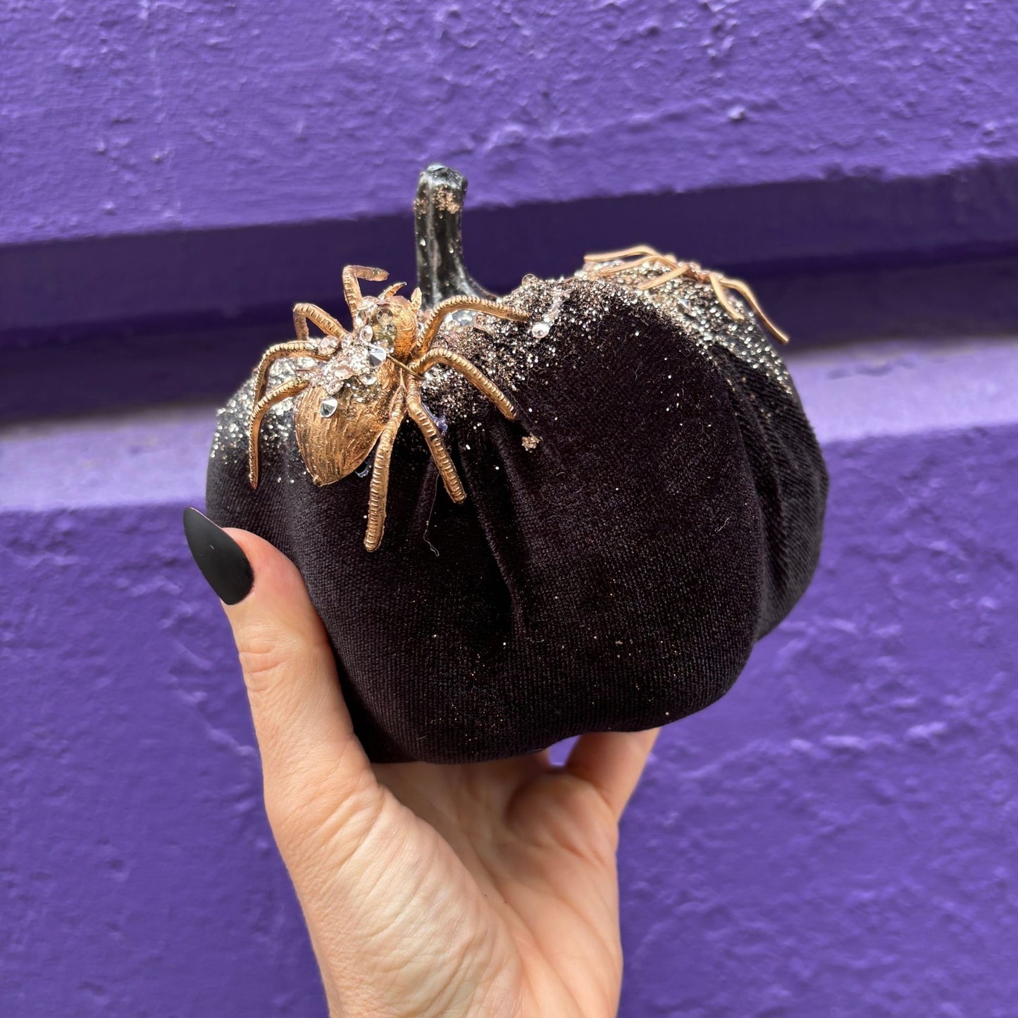 Black decorative pumpkin with a spider on a purple background