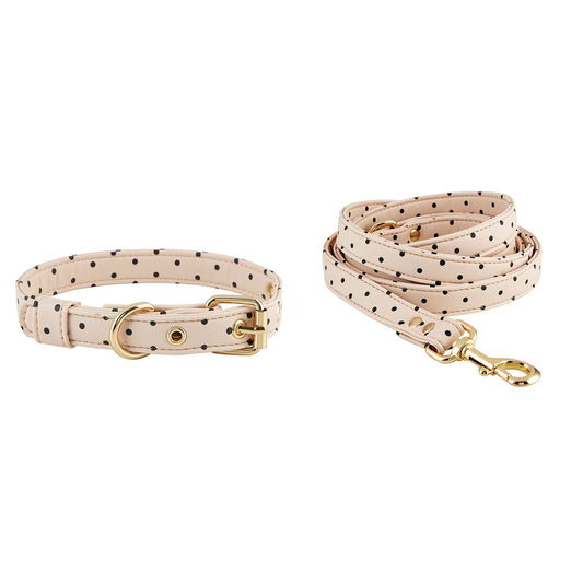 Dog Collar and Leash in Blush Pink Polka Dot | Faux Saffiano Leather