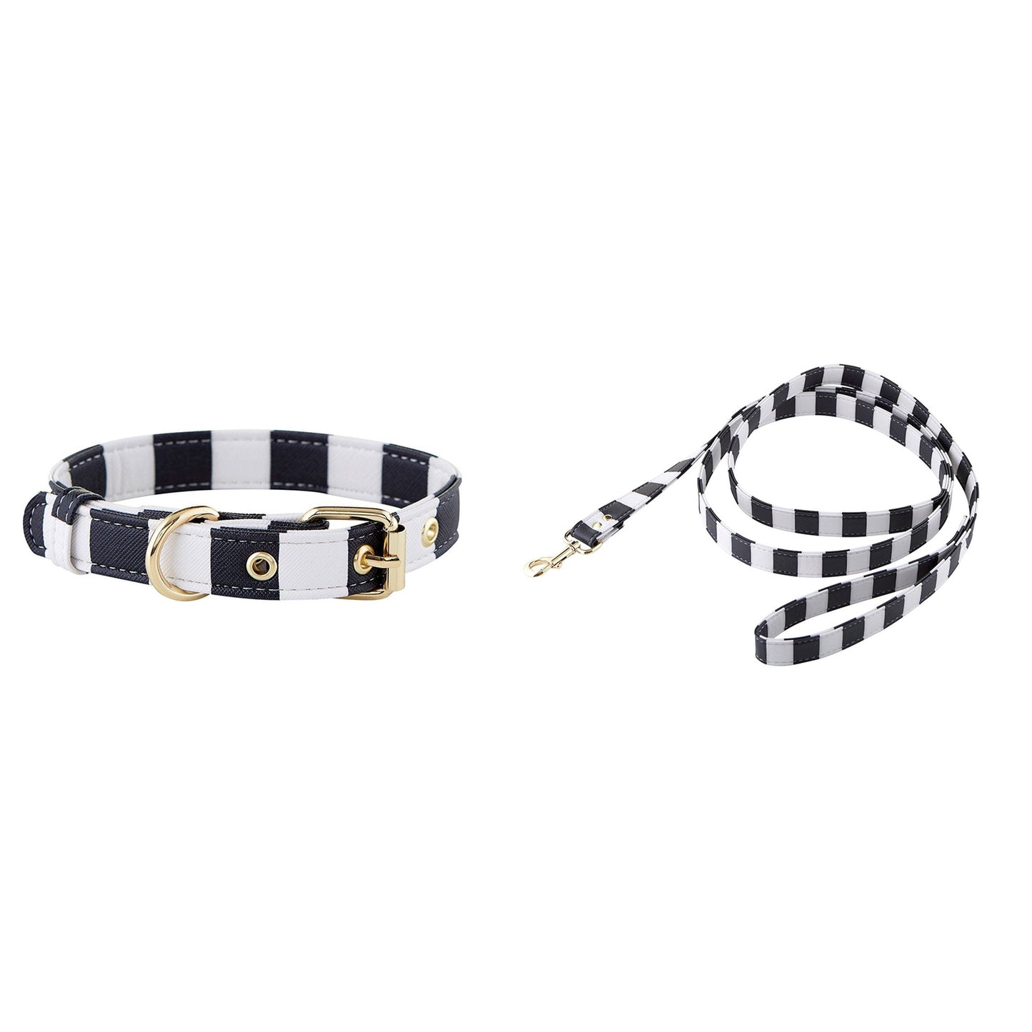 Dog Collar and Leash in Cabana Black and White Stripes | Faux Saffiano Leather