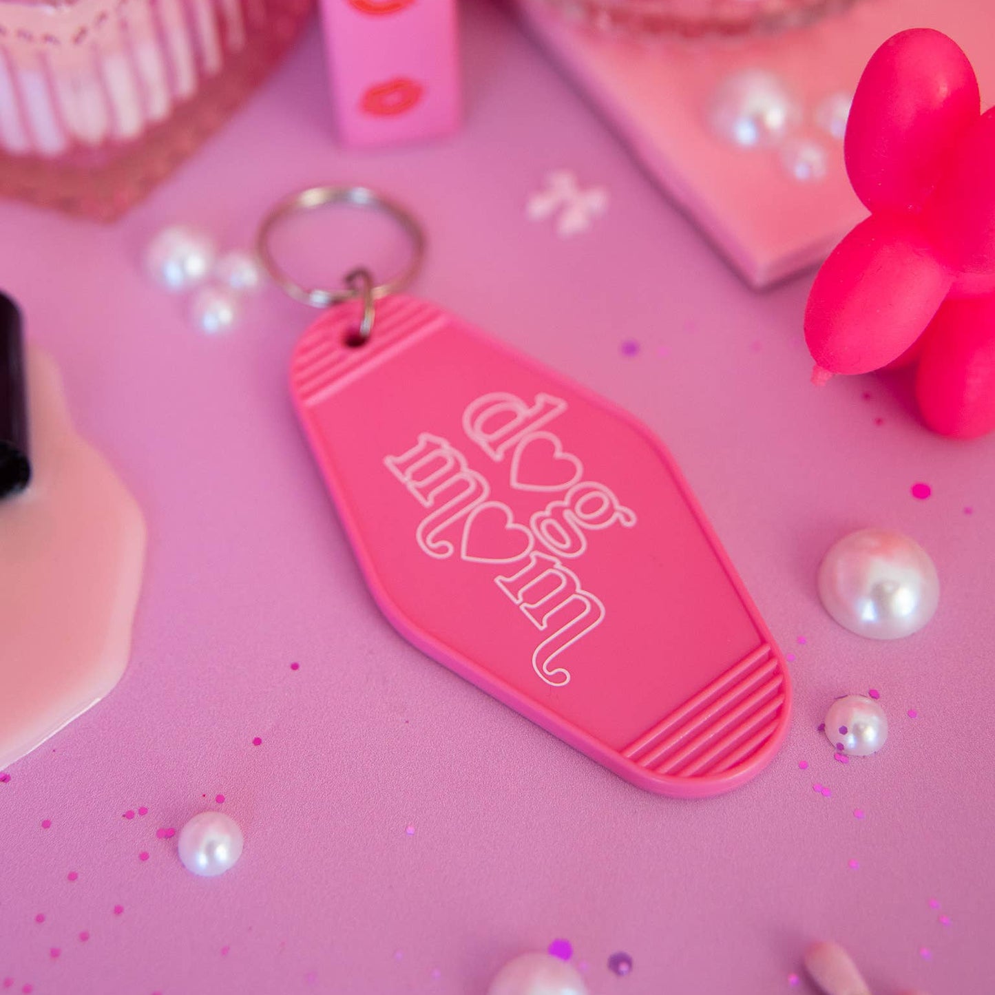 Dog Mom Keychain | Pink Vintage Motel Style Key Tag