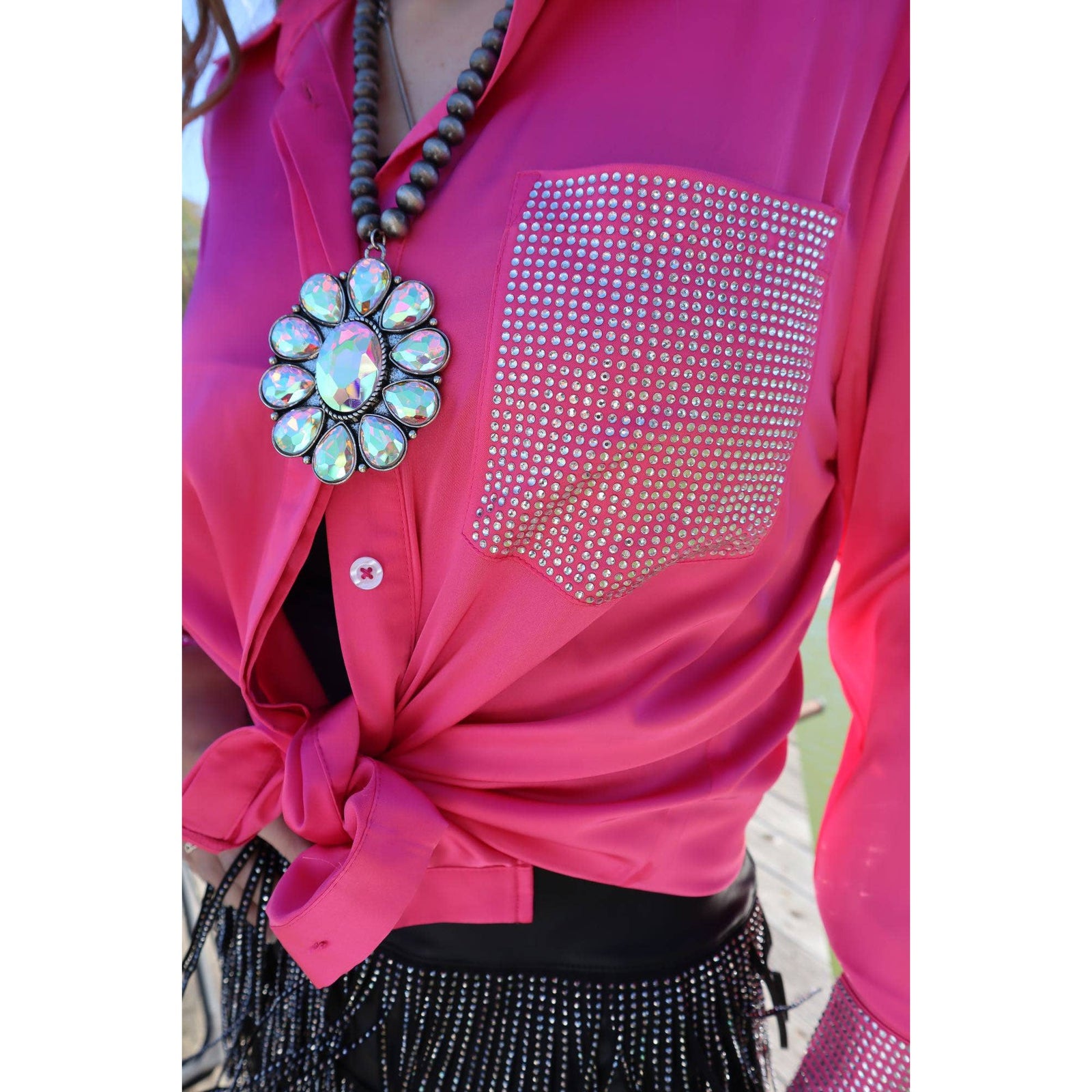 Dolly Duo Satin Button Up w/ Rhinestones | Long Sleeves Polo Women's Tops [Available in 1X-3X]