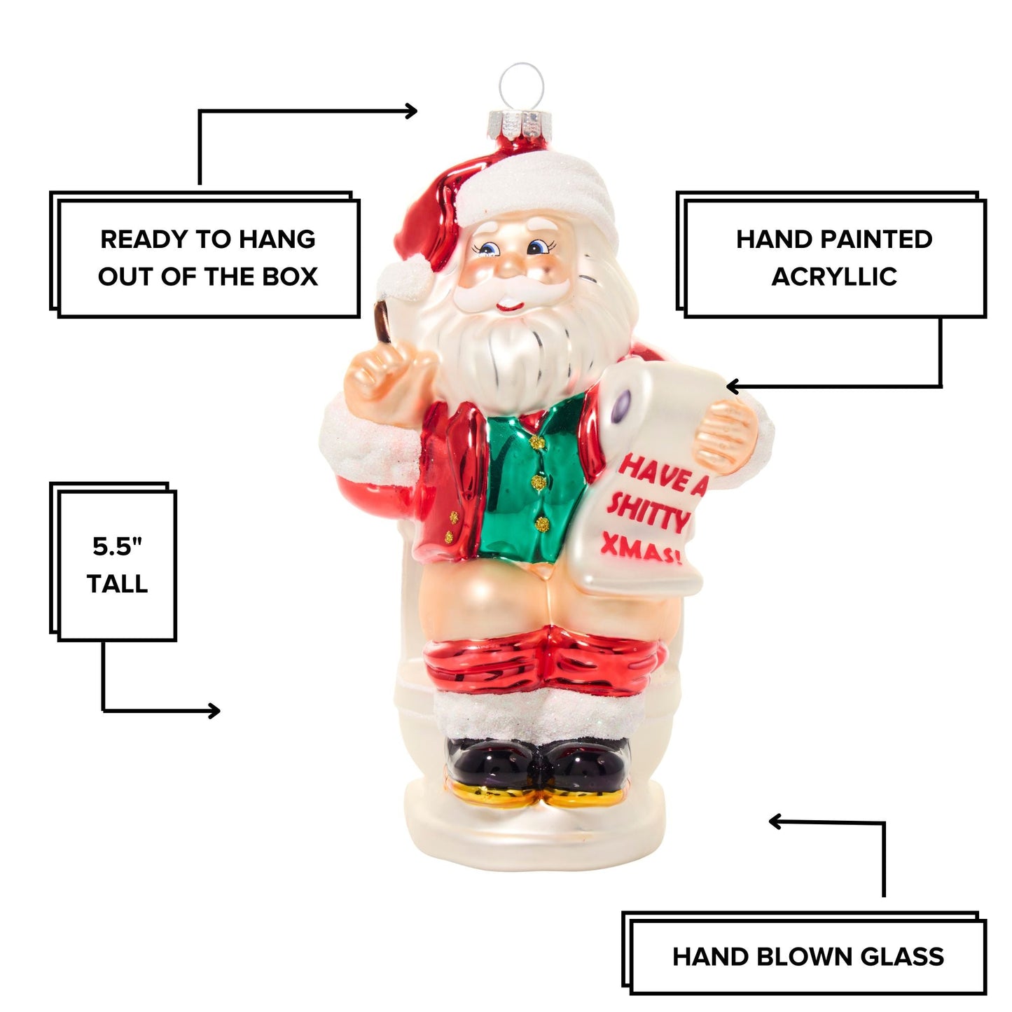 Don't Forget to Wipe Santa on the Toilet Hand-Blown Glass Christmas Holiday Ornament | Naughty Funny Xmas Gift