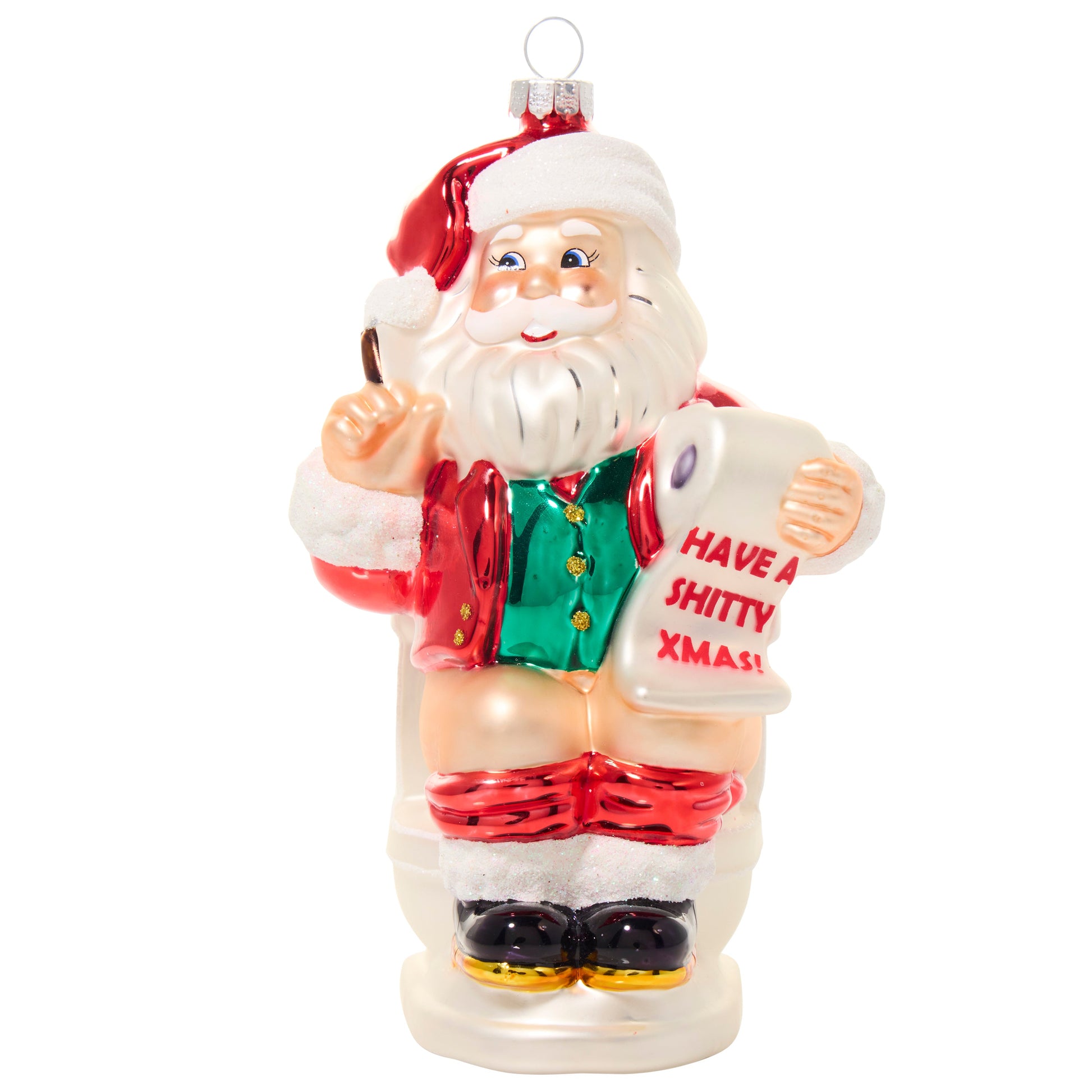 Glass ornament of Santa Claus holding a sign with inappropriate text on a white background