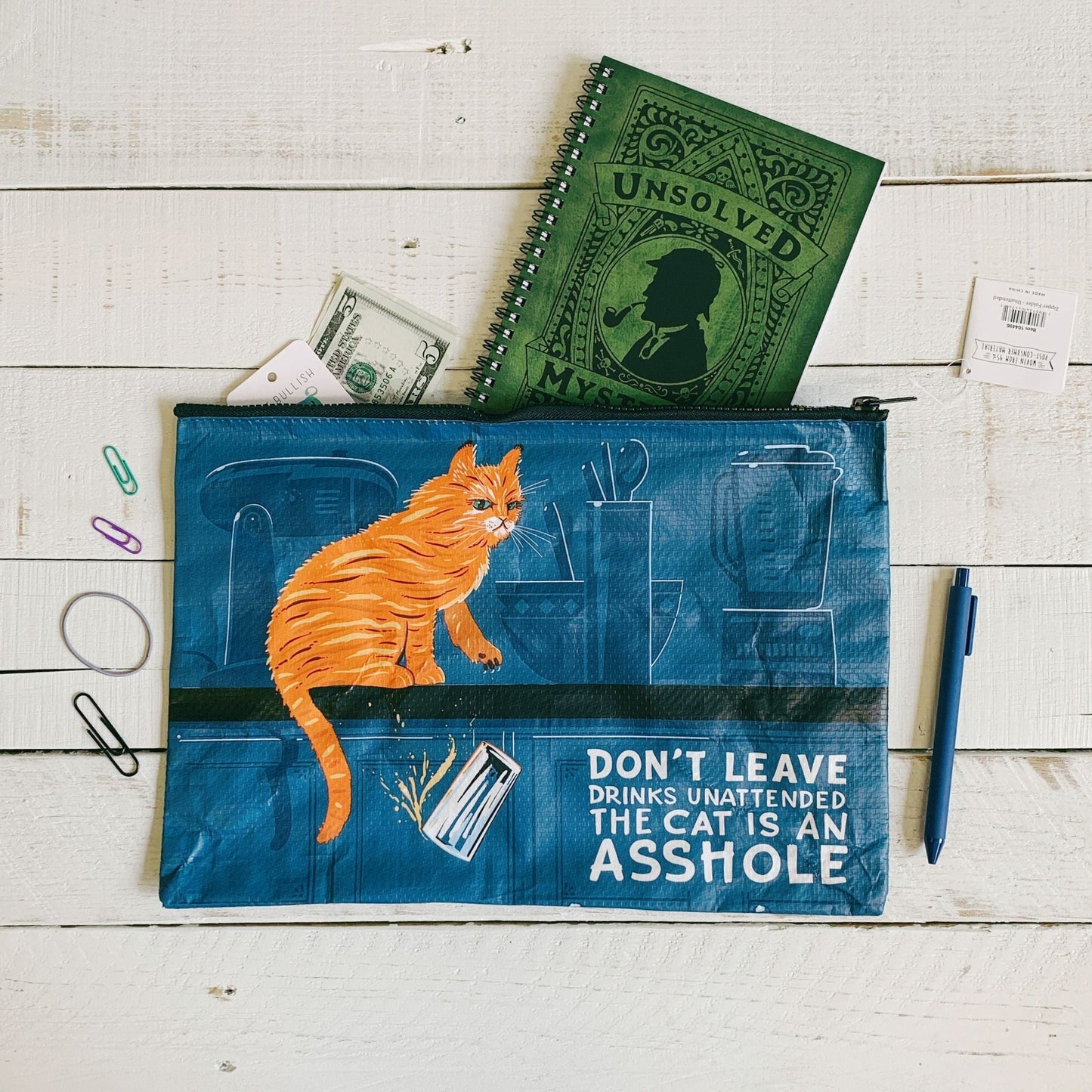 Don't Leave Drinks Unattended Cat Design Recycled Material Jumbo Zipper Folder | 14.25" x 10"