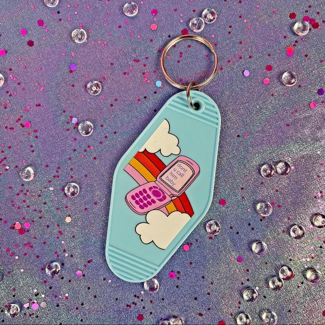 Don't u Call Him Baby Motel Keychain in Light Blue | Rainbow Retro
