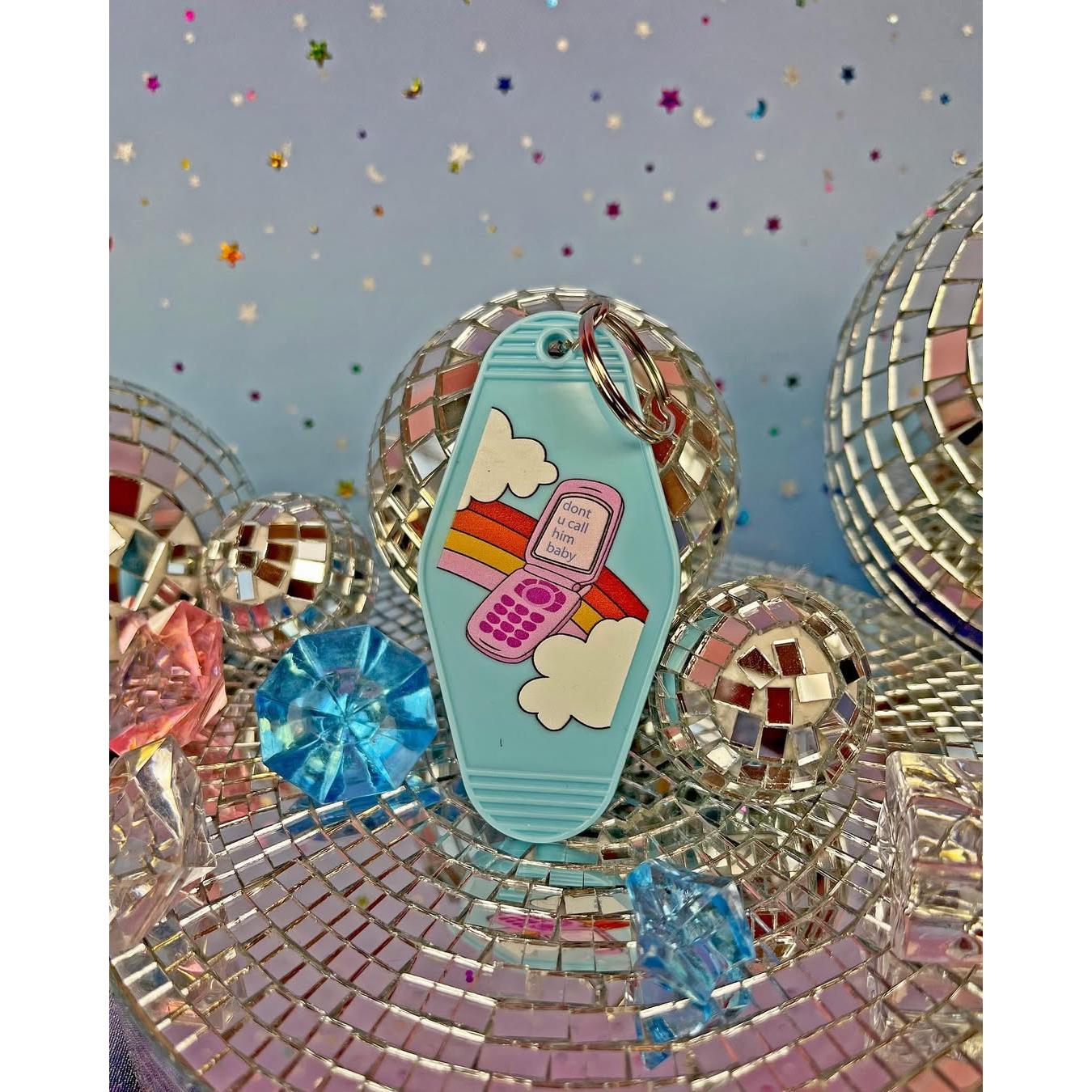 Don't u Call Him Baby Motel Keychain in Light Blue | Rainbow Retro