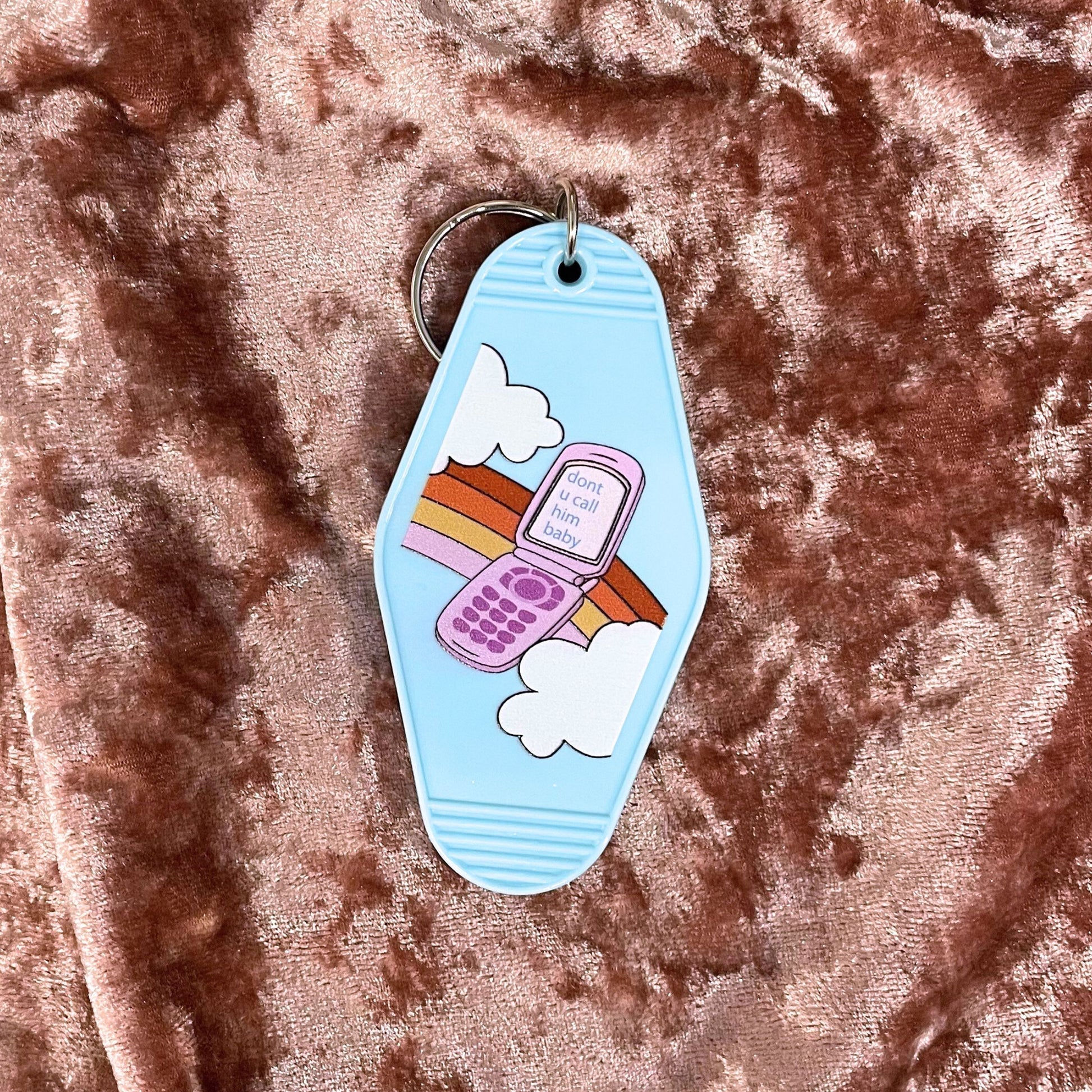 Don't u Call Him Baby Motel Keychain in Light Blue | Rainbow Retro