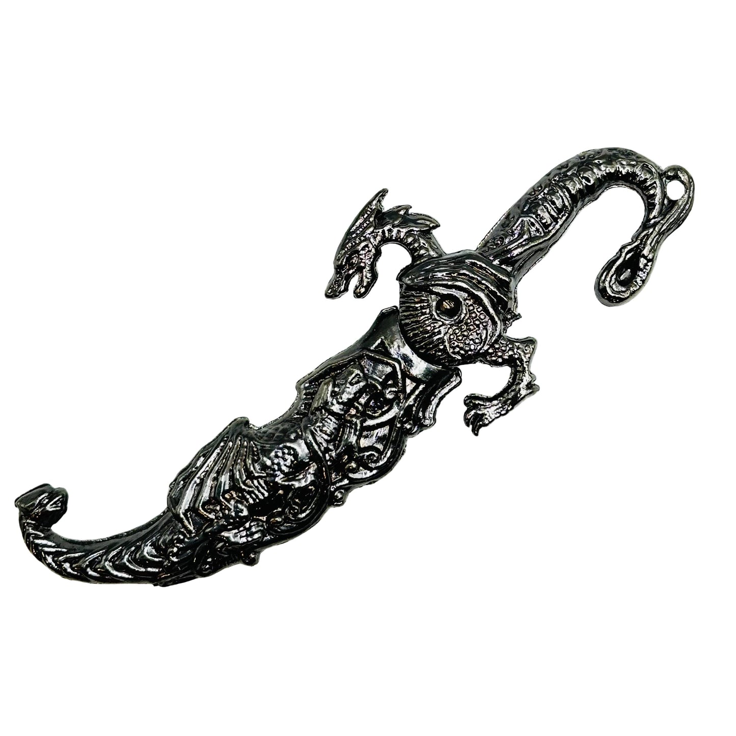 Decorative silver dagger style letter opener with intricate dragon designs on a white background