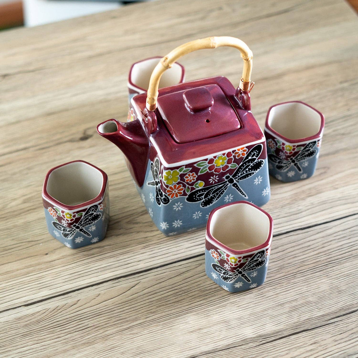 Dragonfly Tombo Porcelain Tea Set | 20 fl oz Teapot and 4 Hexagon Cups-Urban Tokyo-The Bullish Store