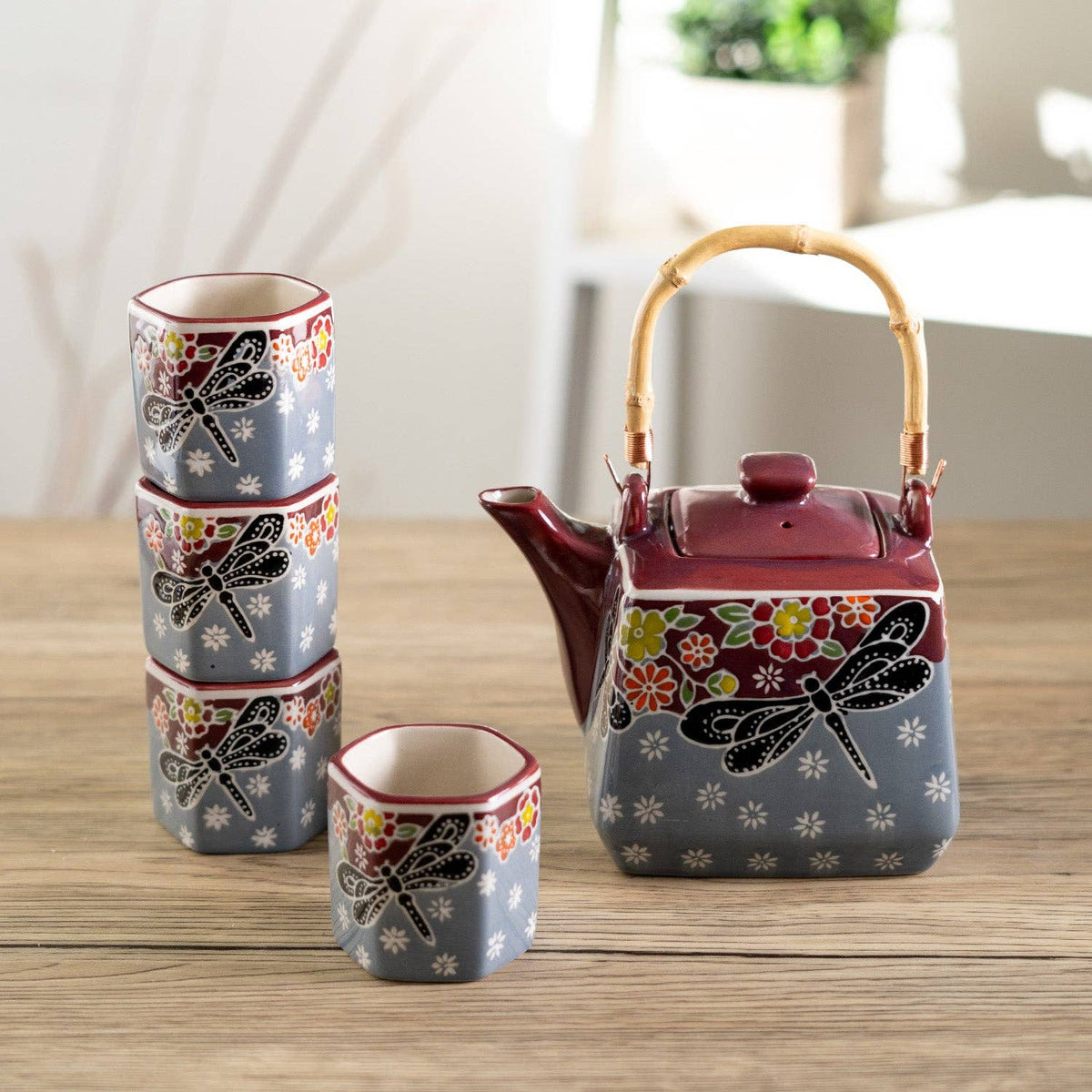 Dragonfly Tombo Porcelain Tea Set | 20 fl oz Teapot and 4 Hexagon Cups-Urban Tokyo-The Bullish Store