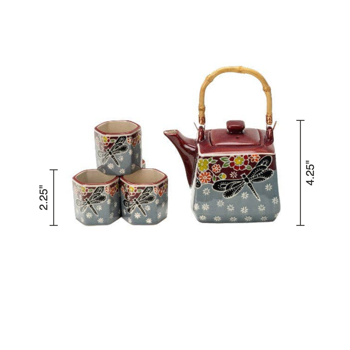Size chart: teapot 4.25 inches tall, cups 2.25 inches tall