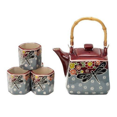 Ceramic teapot set with floral and dragonfly designs
