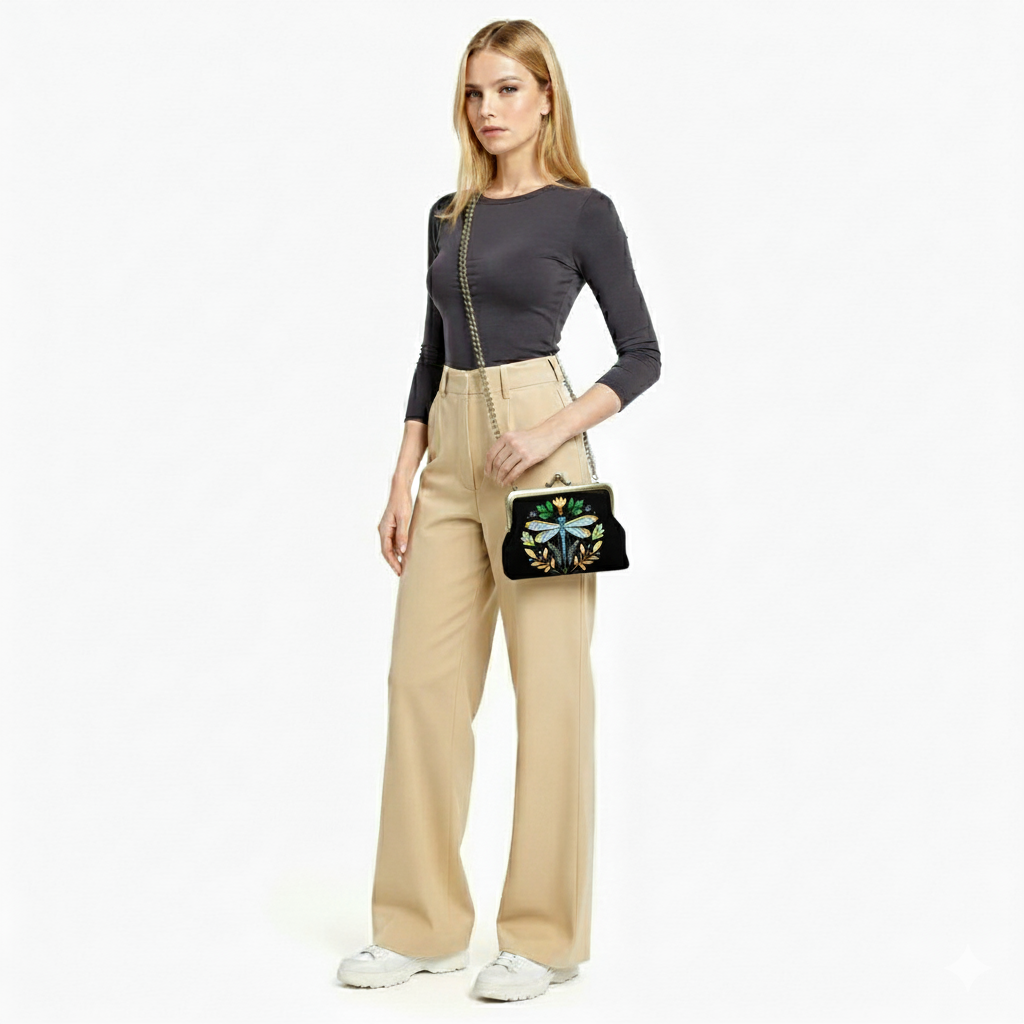 Dragonfly Vintage Kisslock Bag in Black | Embroidered Nature-Inspired Handbag with Straps