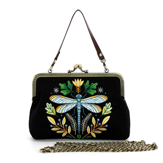 Dragonfly Vintage Kisslock Bag in Black | Embroidered Nature-Inspired Handbag with Straps