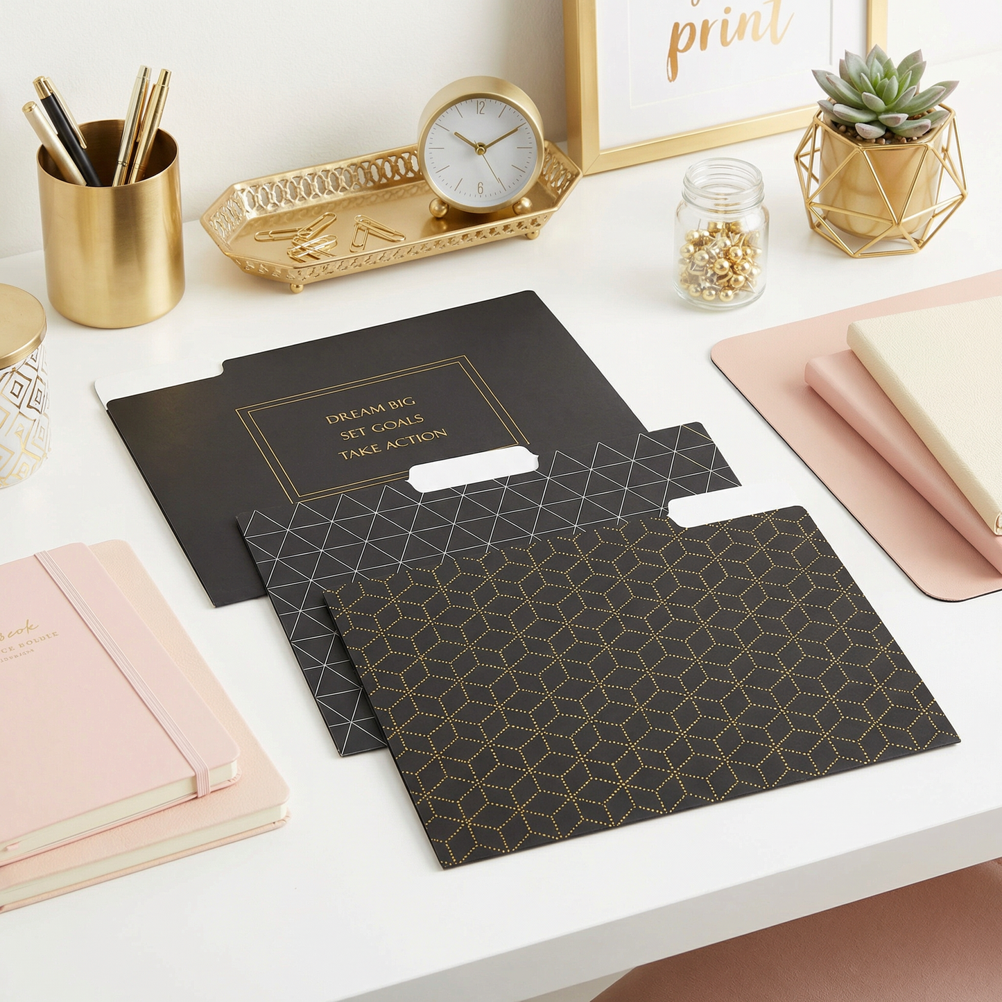 Dream Big File Folder Set in Black | 6 File Folders in Motivational Designs