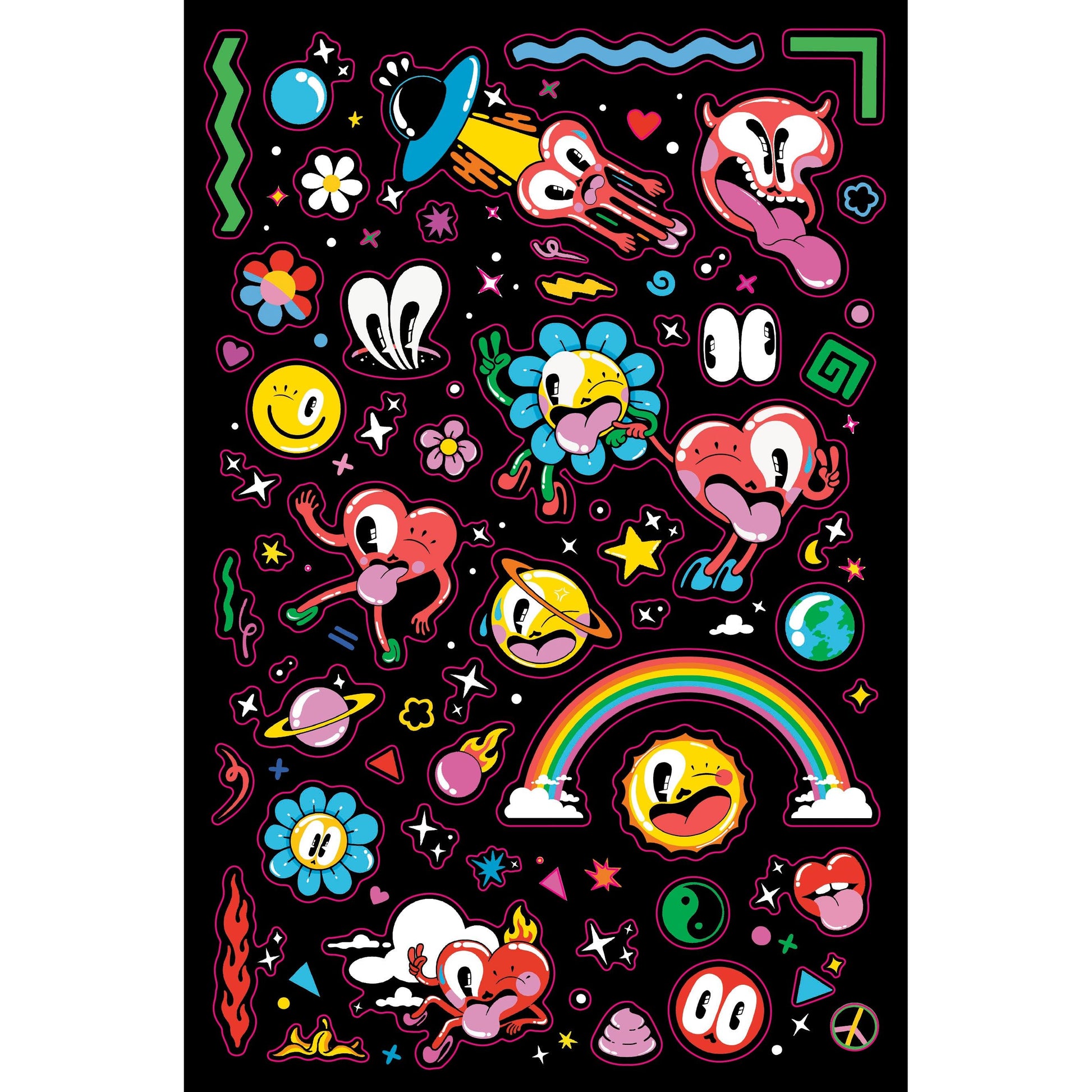 Colorful cartoon stickers on a black background