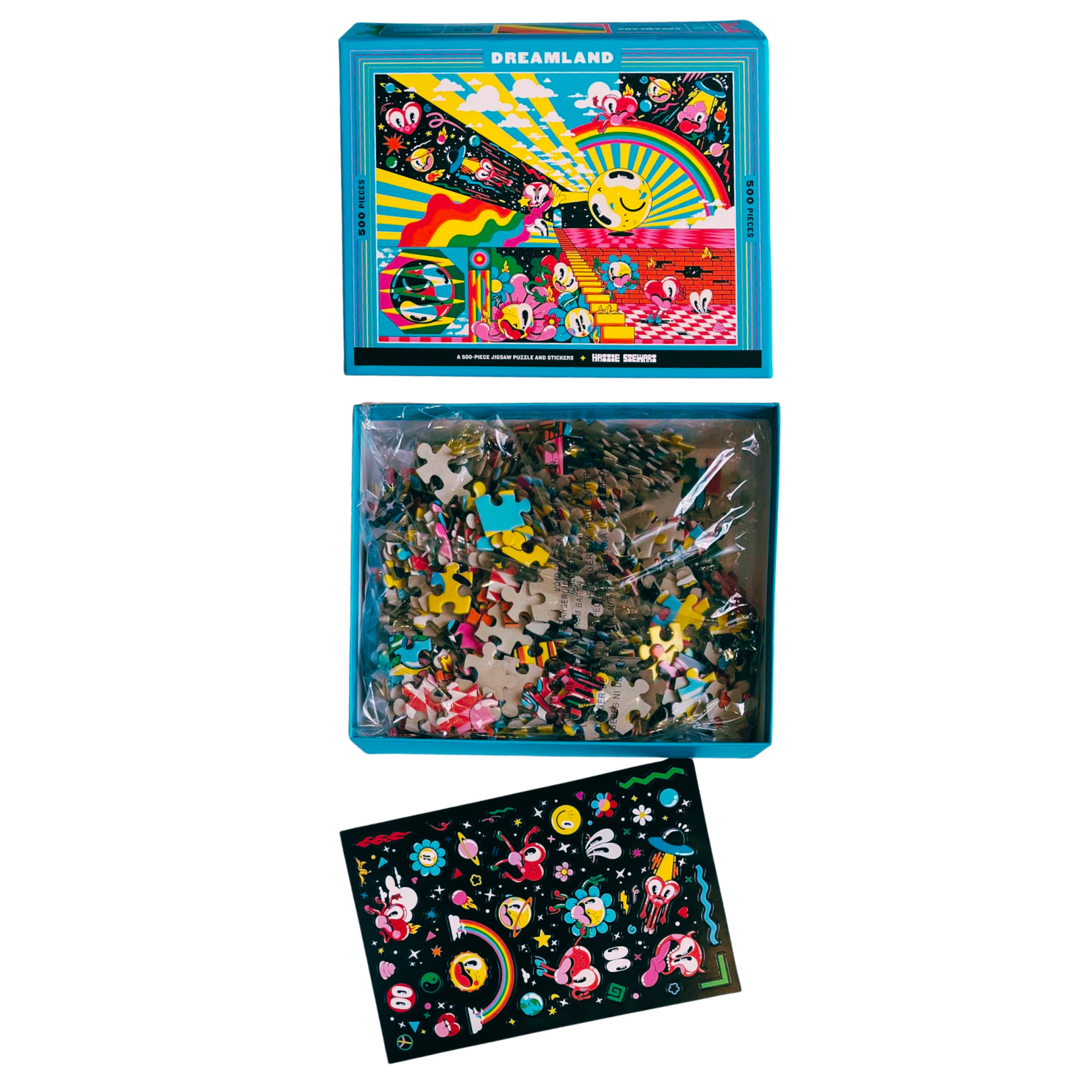 Colorful puzzle set with packaging on a white background