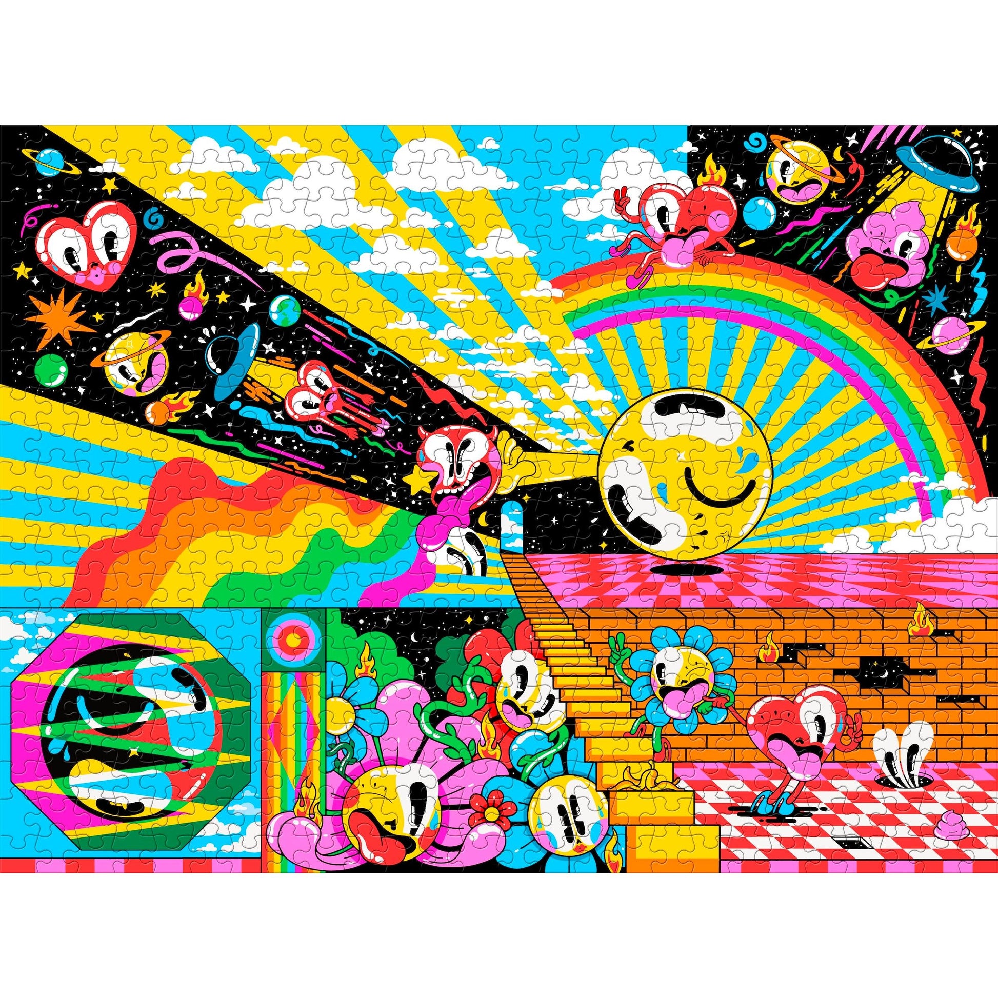 Colorful puzzle with cartoon characters and abstract designs, featuring a rainbow and space theme.