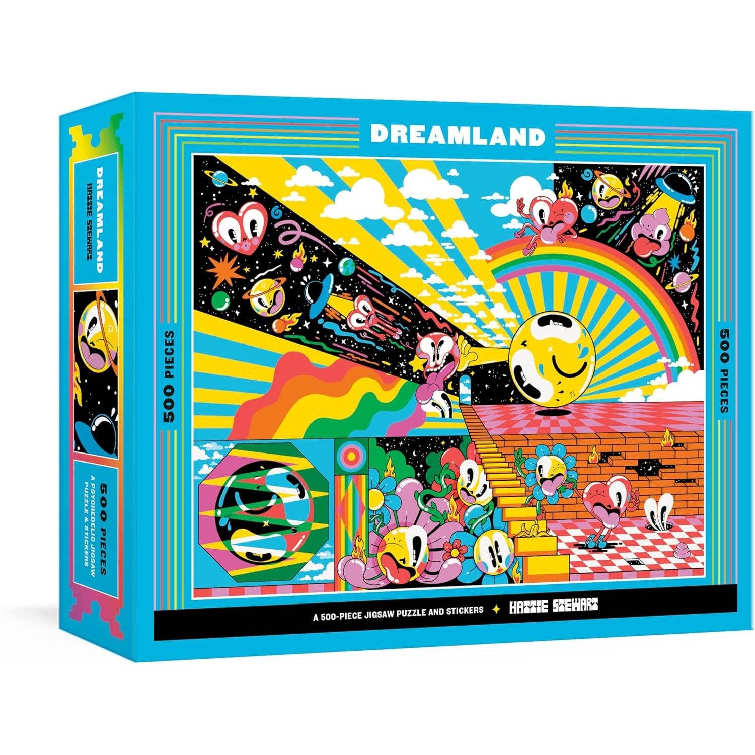 Colorful packaging of a puzzle titled 'Dreamland' with cartoon characters and vibrant design.