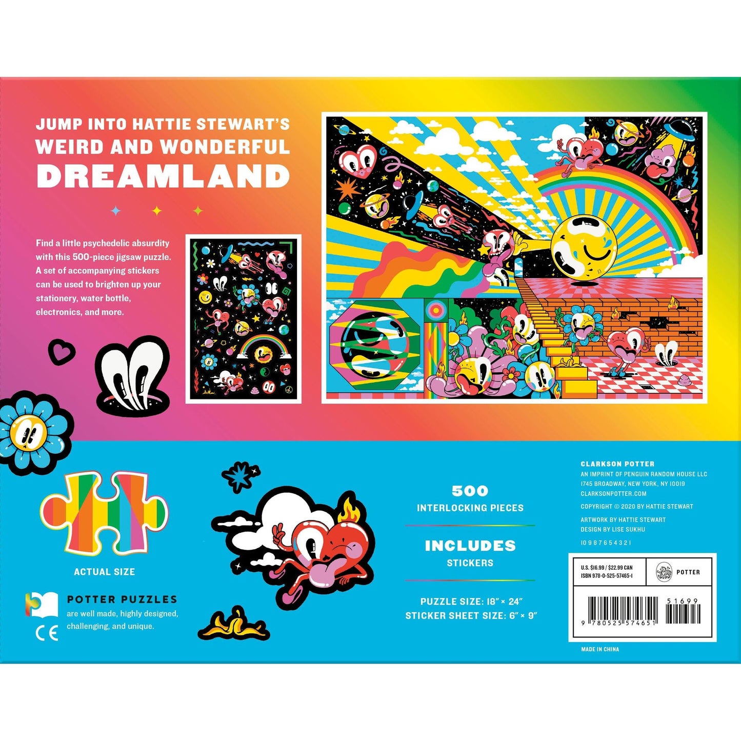 Puzzle packaging with colorful design and text, featuring a rainbow and cartoon characters.