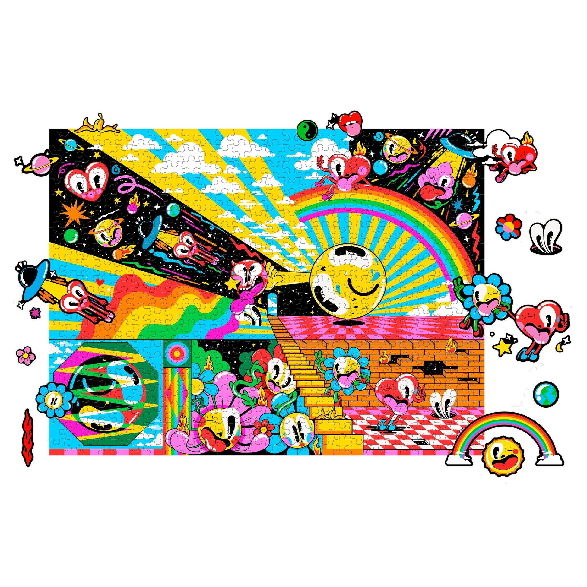 Colorful and abstract artwork puzzle with various shapes, patterns, and characters.