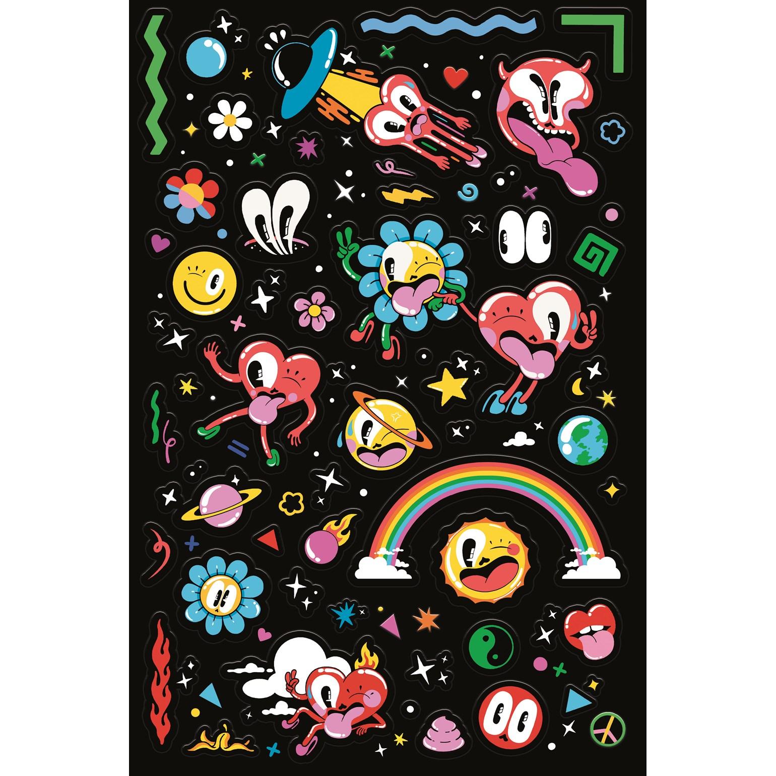 Colorful cartoon illustrations on a black background