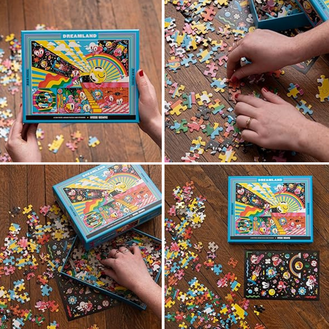 Collage of a colorful puzzle with pieces scattered on a wooden surface, held by hands, and the completed puzzle.