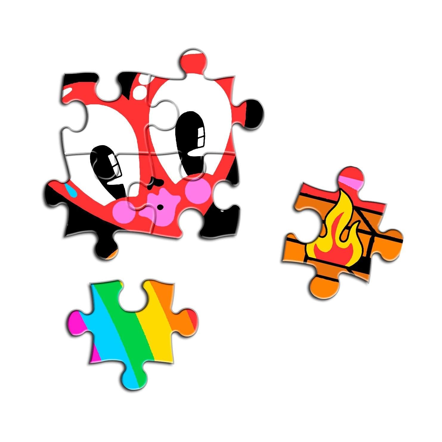 Colorful puzzle pieces with cartoon designs on a white background